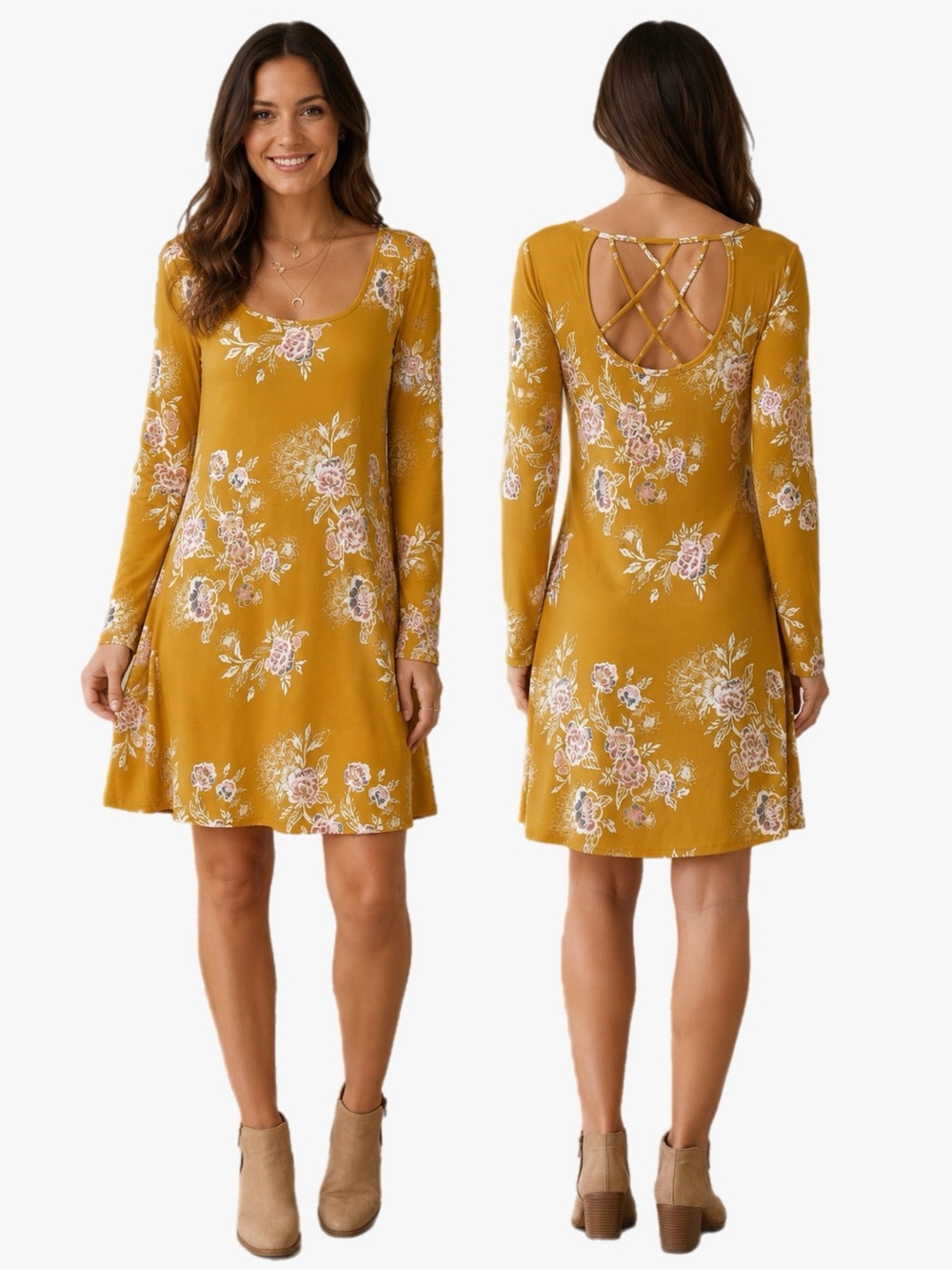 Mudd Mustard Floral Crisscross Back Swing Dress Size XL Boho Long Sleeve
